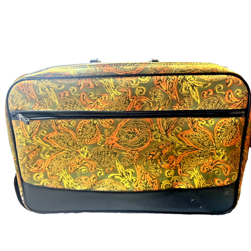 Vtg 60's Floral Hippie Flower Power MCM Canvas Suitcase 18x10.75 WITH KEY